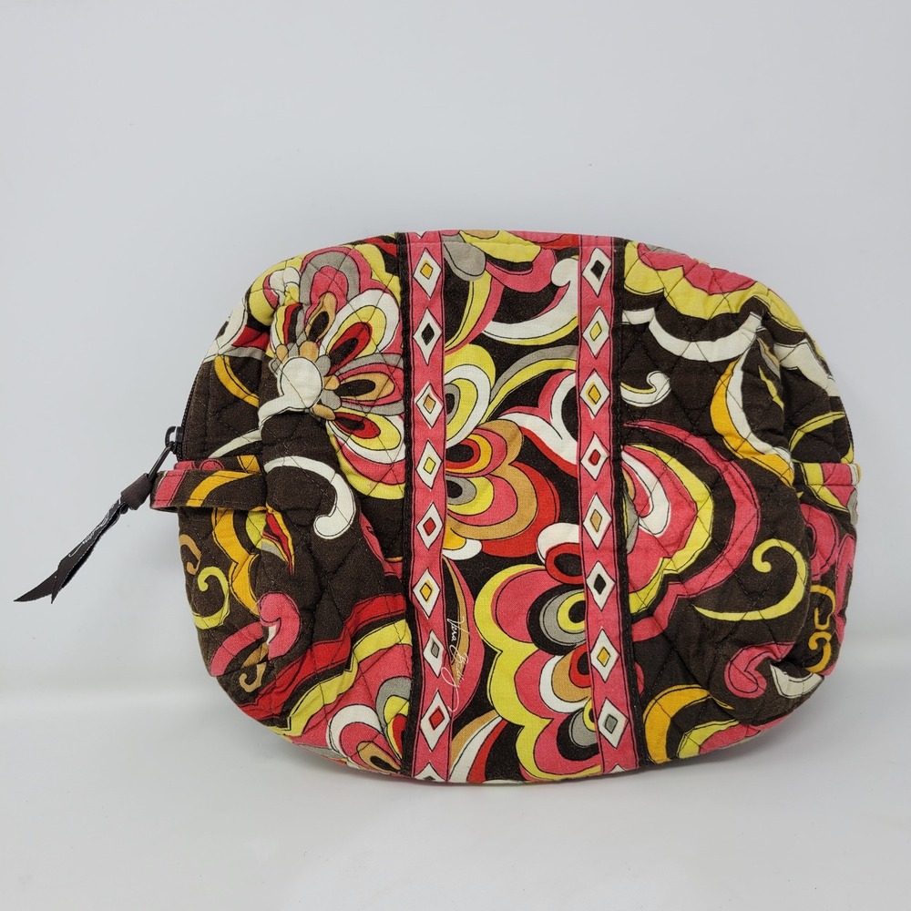 Vera Bradley Mesa Red Quilted Large Cosmetic Bag Brown Floral Made in USA